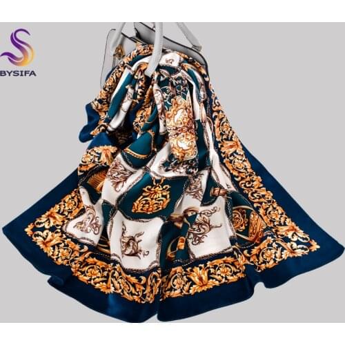 BYSIFA|New Fashion Ladies' Scarves Luxury Blue Gold 100% Silk Scarf Hijab 90*90cm All Match Fall Winter Female Square Scarf Cape