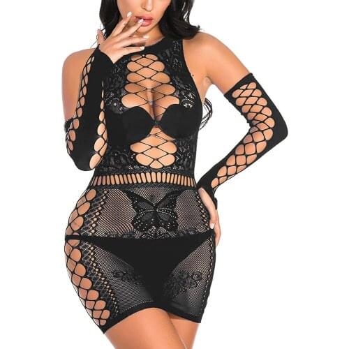 Women Sexy Bodycon Dress Stretchy Hollow Out Lingerie Mini Dresses Mesh Babydoll Bondage Lace Underwear Bodysuit with Sleeve