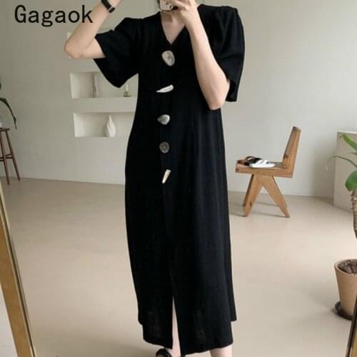 Gagaok Female Korean Vintage A-Line Dress 2020 Summer New V-Neck Puff Sleeve Button Solid Dresses Slim Chic Simple Wild Vestidos