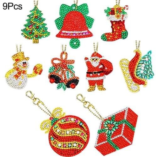 8/9PCS Christmas Keychain Pendant DIY Diamond Painting Keychain Set For Your Key Chain, Bag Or Phone Decor Christmas Gift