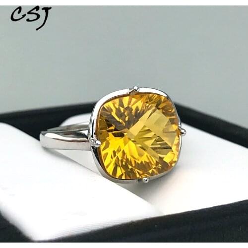 CSJ Elegant citrine ring sterling 925 silver concave cushion cut 12mm gemstone rings fine jewelry for women girl with gift box