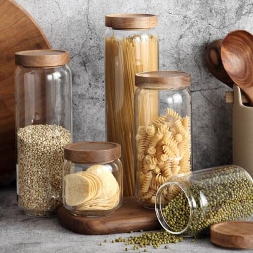 Wood Lid Bottles Storage Candy Jar Pasta Rice Food Container High Borosilicate Glass Airtight Canister Kitchen Tea Coffee Beans