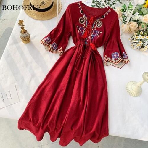 Bohemian Style Desert Outing Floral Embroidery Tassel Indie Folk Women Long Dress
