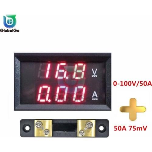 Dual LED Display+ 50A 75mV Shunt Mini Digital Voltmeter Ammeter DC 100V 50A Volt Current Meter Tester 2pin Cable