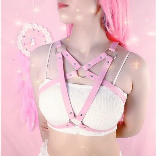 Gothic Har Garters Trendy Pentagram Harness Top PU Leather Chest Bondage Harness Lingerie Punk Bra Cage Suspenders Straps 2021