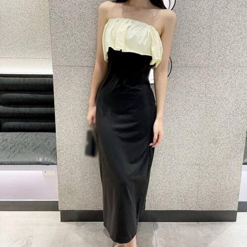 Summer Women Sexy Dress Square Shoulder Split Fork Ruffle Dresses Korean Style Fashion Design Sense Mid-Length Tight Skirt