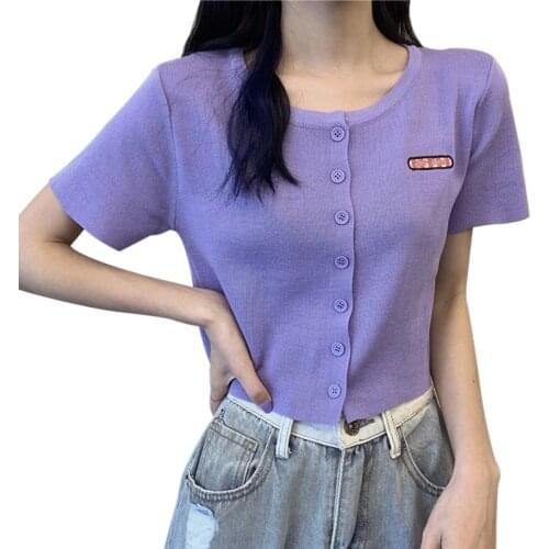 Summer Thin Single-breasted Cardigan Female Round Neck Short-sleeved Solid Preppy Style Sweet T-shirt