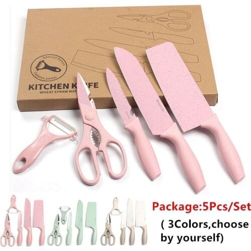 5Pcs/Set Stainless Steel Wheat Straw Handle Kitchen Knife Set Chef Knife Butcher Knife with Fruit Peeler Scissor