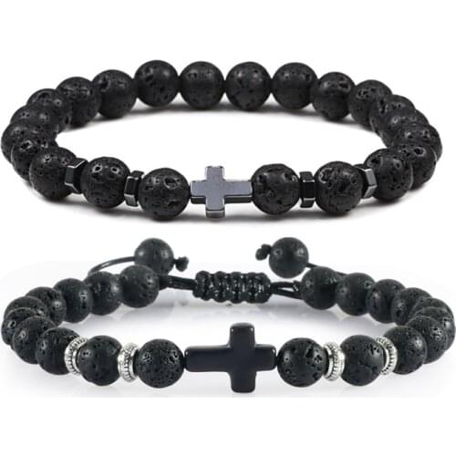 Natural Cross Bracelets Men Volcanic Lava Tiger Eye Stone Bead Bracelet Wooden Yoga Prayer Handmade Adjustable Jewelry For Women