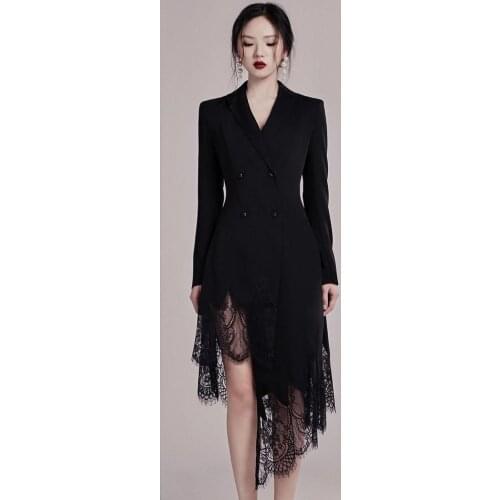 New High Quality Women Black Notched Collar Autumn Lace Patchwork Party Dress Vestidos Ladies Irregular Casual Slim Dresses