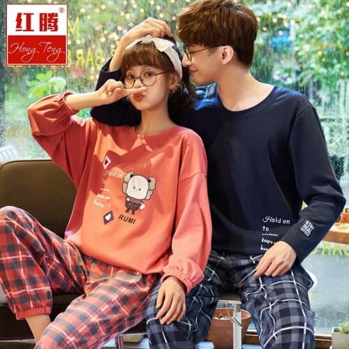 Long-sleeved Couple Pajamas Suit Round Neck Pullover Casual Can Wear Home Clothes Pajama Set
