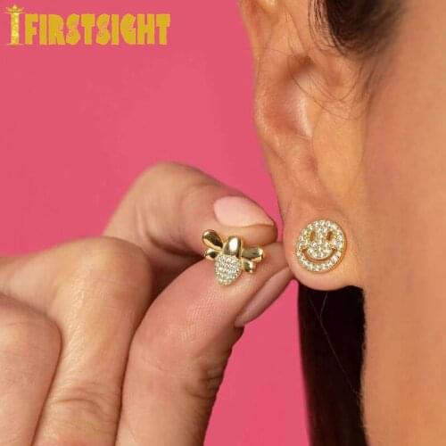 925 Sterling Silver Micro Pave CZ Happy Smiley Face Stud Earring Delicate Smile Cute Lovely Earrings For Girl Women Jewlery