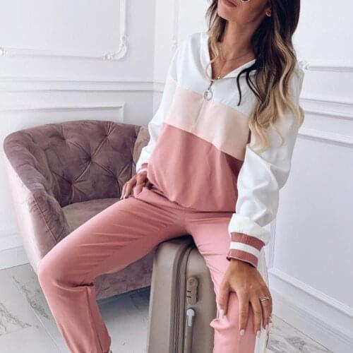 ORIYA 2Pcs Sport Women Color Block Zip Hoodie Elastic Waist Ankle Tied Pants Tracksuit Conjunto Moletom Feminino Lounge Wear