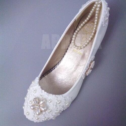 3CM low small heel lace wedding shoes bride ankle pearls strap crystal lace bridesmaid bridal party dinner proms dress pumps