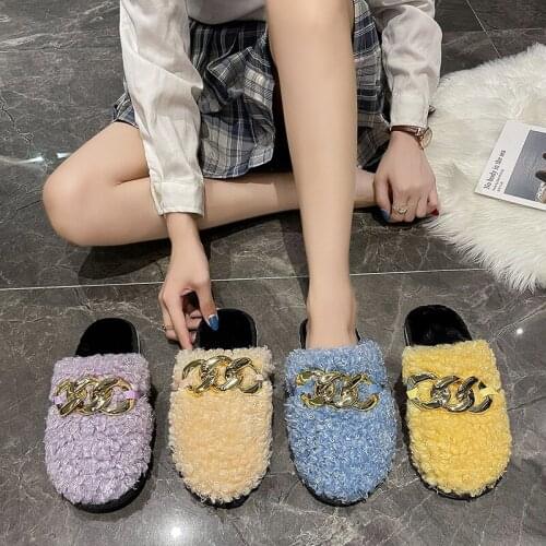 Women 2021 New Chain Decoration Autumn and Winter Indoor Fuzzy Slippers Female Soft Plush Cozy Fluffy House Warm Flip Flops
