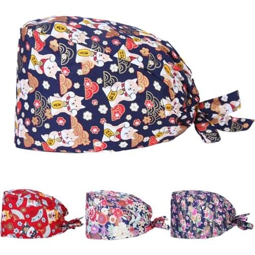 Cotton Unisex Scrubs Cap Printed Hospital Workwear Adjustable Pet Caring Cap Laboratory Work Hats Doctor Nurse Working Salon Hat