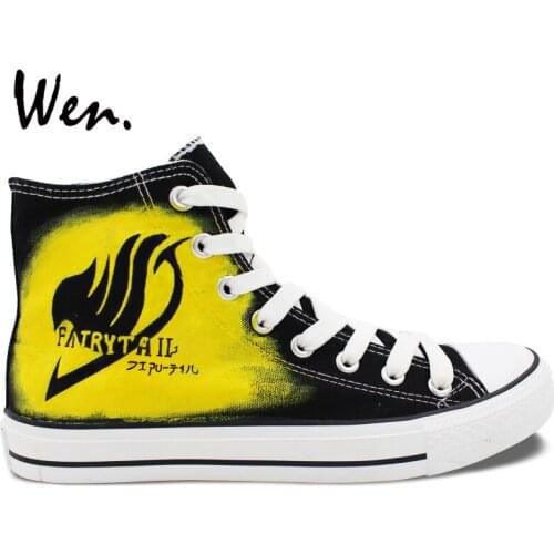 Wen Hand Painted Anime Shoes Fairy Tail Logo and Natsu Black High Top Men Womens Canvas Sneakers for Gifts