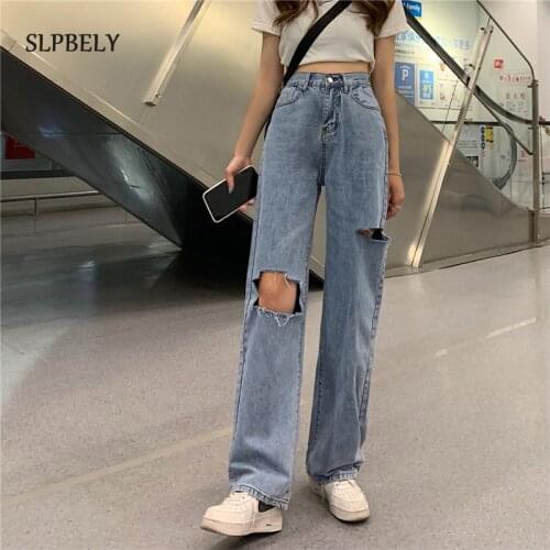SLPBELY Vintage Ripped Straight High Waist Jeans Women Hole Jean Female Denim Pencil Pants Streetwear Casual Summer Denim Jeans