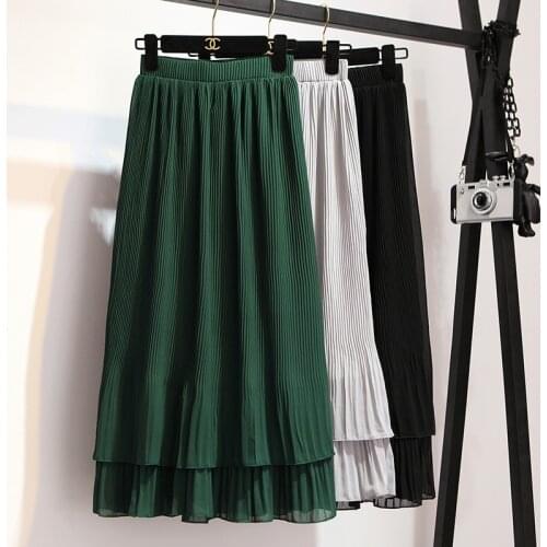 Stinlicher Korean Ruffles Maxi Skirt Pleated Chffion Long Skirts Womens Summer Style Gray Green Black Skirt