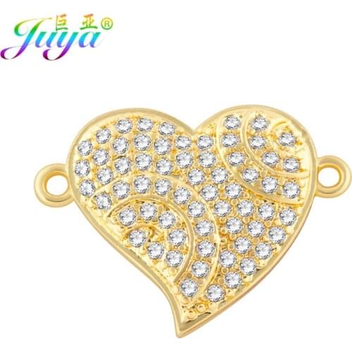 Juya Love Heart Jewelry Findings Pave Zircon Gold/Rose Gold Heart Connectors Accessories For DIY Craft Jewelry Making
