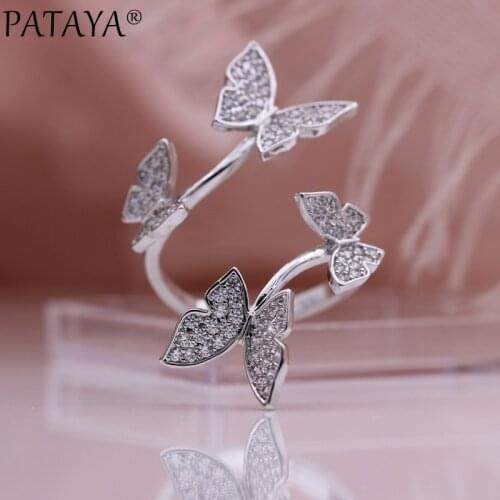 PATAYA New White Gold Animal Rings Round Natural Zircon Party Luxury Fashion Jewelry Up Open Fine Cute Butterfly Rings For Women