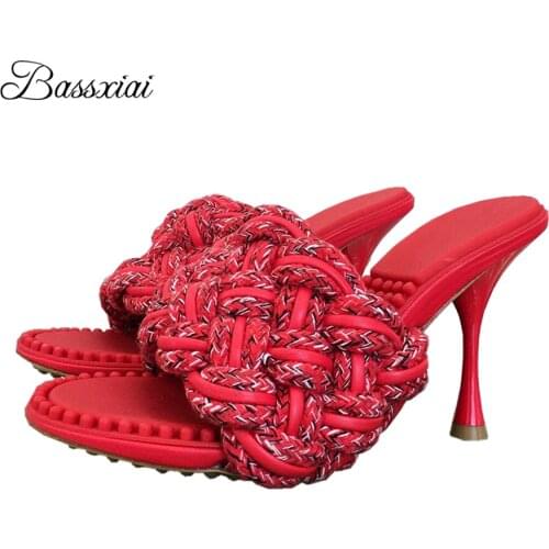Braided Weave Real Leather Slip-on Mules Lady Sexy Thin High Heel Slingbacks Knitted Open Toe Summer Sandals Women