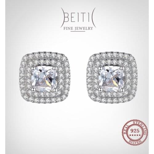 Beitil Twinkling Geometric Square 925 Sterling Silver CZ Stud Earrings For Women Wedding Engagement Jewelry Gift