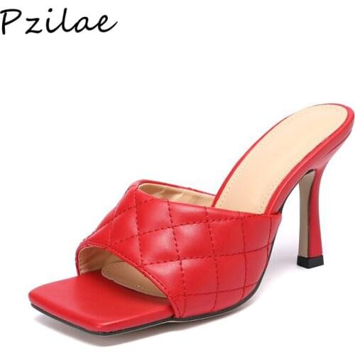 Pzilae 2020 summer women slippers vintage square toe solid gingham high heel slippers fashion slip on slides women mules size 42