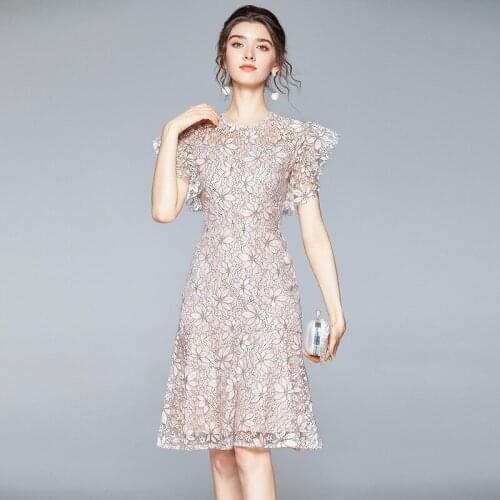 Menahem Women Elegant Floral Embroidered Trumpet Dress Round Neck Butterfly Sleeve Ruffles Slim Summer Harajuku Fishtail Vestido