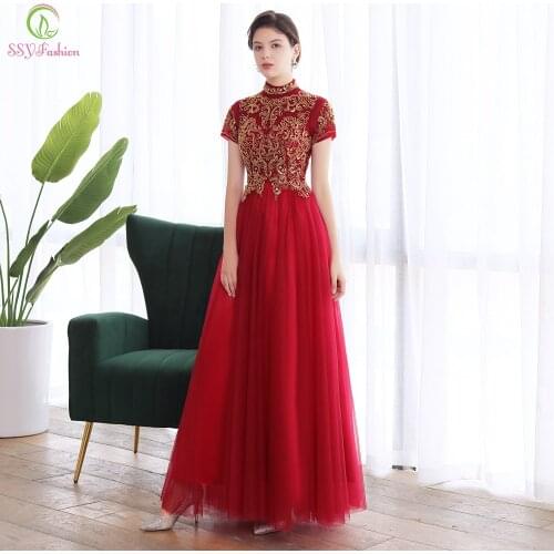 SSYFashion New Banquet Elegant Evening Dress Vintage Stand Collar Wine Red Long Beading Formal Party Gown Vestidos De Noche