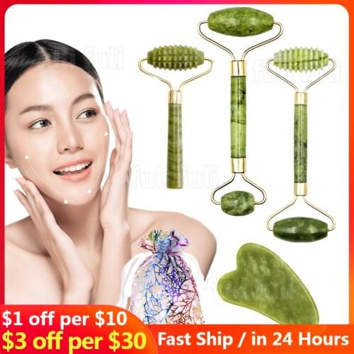 2pcs Face Massager Roller Natural Jade Stone Guasha Board Scraper Set Facial Lift Skin Relaxation Slimming Beauty Neck Thin Tool