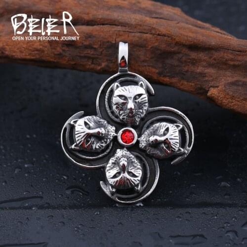 Beier 316L Stainless Steel fashion Zircon Four foxes head pendant necklace vintage fashion men jewelry LLBP8-235P