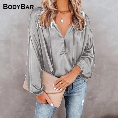 Elegant Women Sexy Slik Satin Shirt Fashion Spring Blouses Deep V neck Long Sleeves Blusa Pure Color Casual Shirts Party Blouse