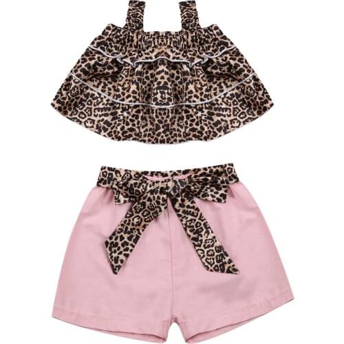 2021 Baby Girls Summer Two Piece lovely Set Fashion Leopard Ruffles Suspender Top and Solid Color Bandage Short Pants