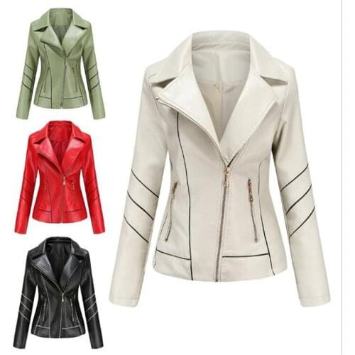 4XL Korean Version Fashion Short Slim Outerwear Women/Girl Lapel PU Imitation Leather Zipper Long Sleeve Thin Motorcycle Jacket