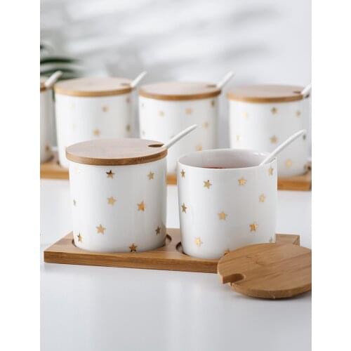 Creative Nordic Ceramic Kitchen Spice Jar Wooden Cover Seasoning Pots Set Sugar Salt Pepper Storage Bottle Kitchen Accessories