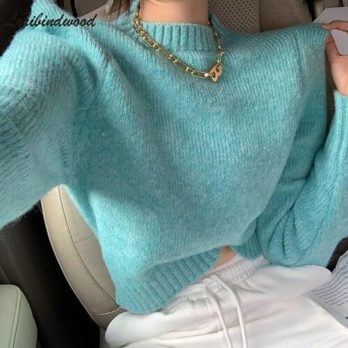 Loribindwood 2021 New Temperament Half-high Neck Long-sleeved Sweater Womens Solid Color Pullover Short Knit Sweater Trend