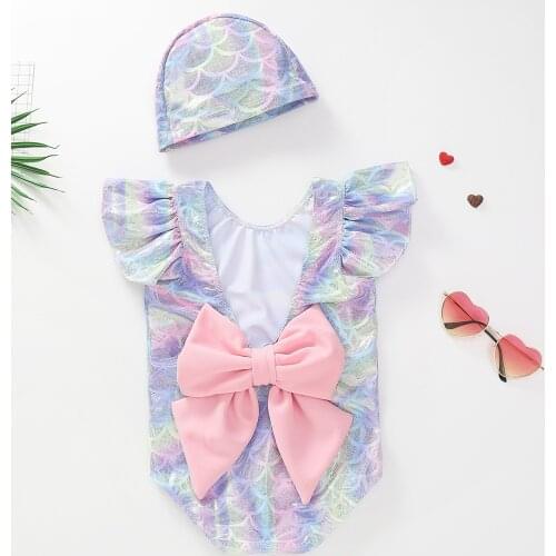 Cute Princess Kids Baby Girl Mermaid Swimwear Backless Bowknot Bikini Swimsuit Swim Swimmable Bathing Suit Beachwear with Hat
