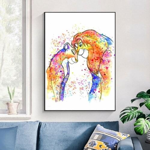 Disney Lion And Lover Cartoon Poster Watercolor Art Printing Canvas Painting Wall Picture For Kids Room Decoration Cuadros