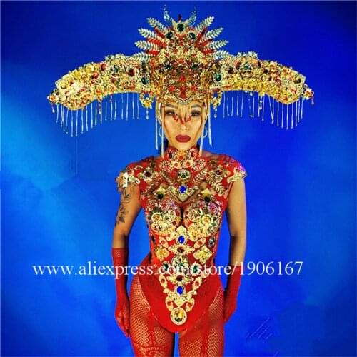 New Year Chinese Red Style headwear dj singer performance bodysuit prom jumpsuit clothes party dress dance costumes ds sexy suit