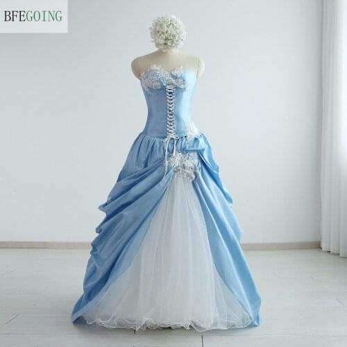 Blue Taffeta White Tulle A-line Wedding Dress Floor-Length Strapless Sleeveless Real/Original Photos Custom made