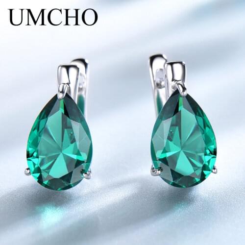 UMCHO Genuine 925 Sterling Silver Jewelry Water Drop Created Nano Emerald Clip Earrings For Women Anniversary Gift Fine Jewelry