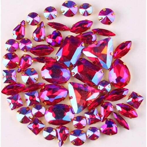 Gold claw setting 50pcs/bag 11 shapes mix Red AB glass crystal sew on rhinestone Crystals wedding dress shoes bags diy