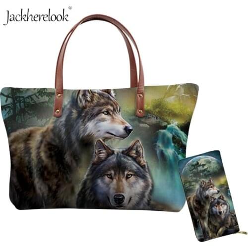 Jackherelook Wolf Night Print Shoulder Bag and Purse set 2pcs/set Large Capacity Handbag Moon Wolves Wild Animal Coin Bag Totes