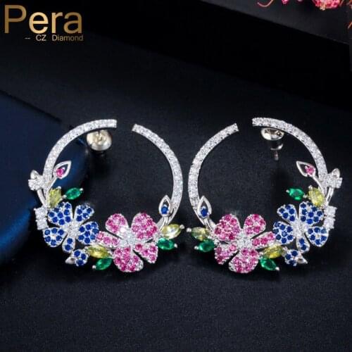 Pera Exquisite Mirco Pave Colorful Rose Red Cubic Zirconia Silver lovely Flower Round Stud Earrings for Ladies Jewelry Gift E439