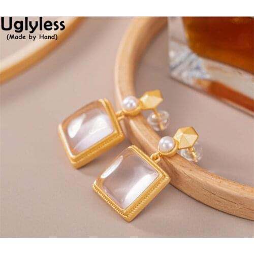 Uglyless Fashion Simple Square Jade Earrings for Women Real 925 Silver Gold Color Geometric Brincos Nature Pearls Jewelry E1890