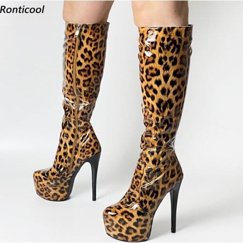 Ronticool New Women Winter Platform Shiny Knee Boots Leopard Stiletto Heels Round Toe Brown Blue Grey Club Shoes US Size 5-20