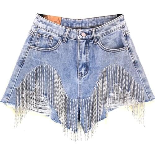 2021 Summer Ripped Denim Shorts Women New Studded Rhinestone Tassel Hole High Waist Wide-leg Shorts Hot Pants Harajuku Nancylim