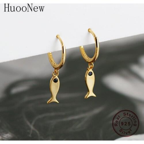 925 Silver Small Gold Color Sea Fish Black Eye Bead Hoop Earring Piercing Pendientes Boucles Doreilles Brinco For Women 2020 New