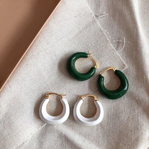 SRCOI Vintage Irregular C Shape Circle Dripping Oil Metal Geometric Hoop Earrings White Green Color Enamel Earrings For Women
